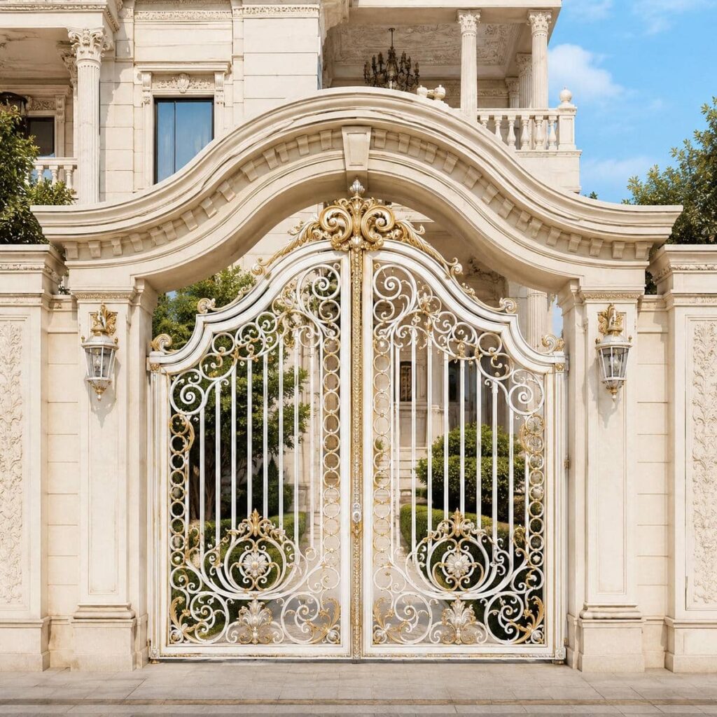 نصب درب ویلایی سفید طلایی نمای کلاسیک با چارچوب دقیق